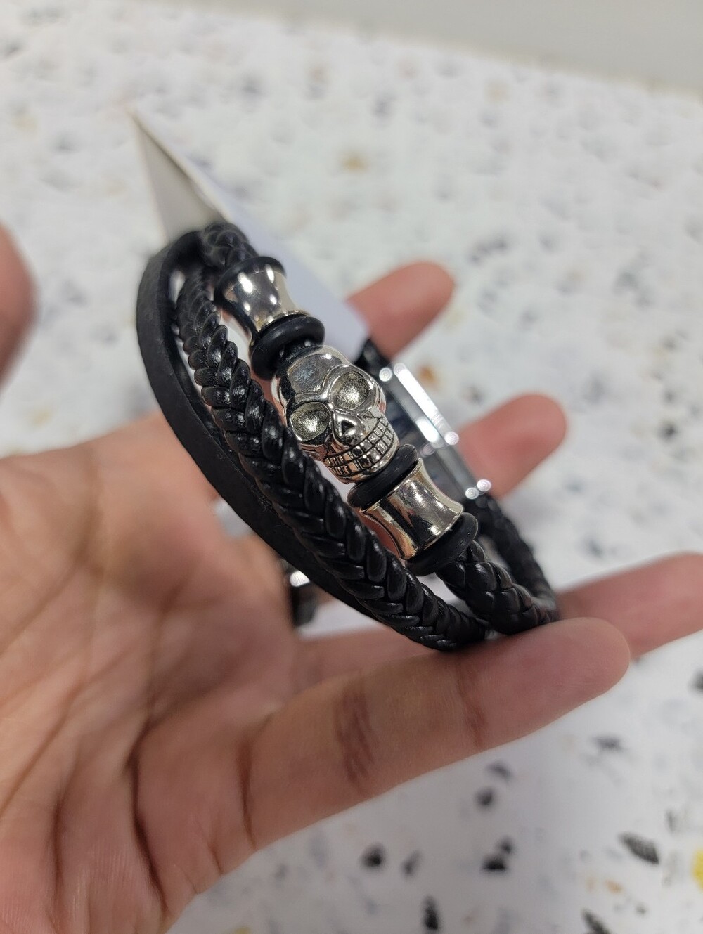 Men's Black Braided Leather Bracelet with Silver Skull Accent